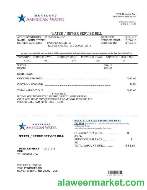 USA Maryland American water utility bill template in Word and PDF format